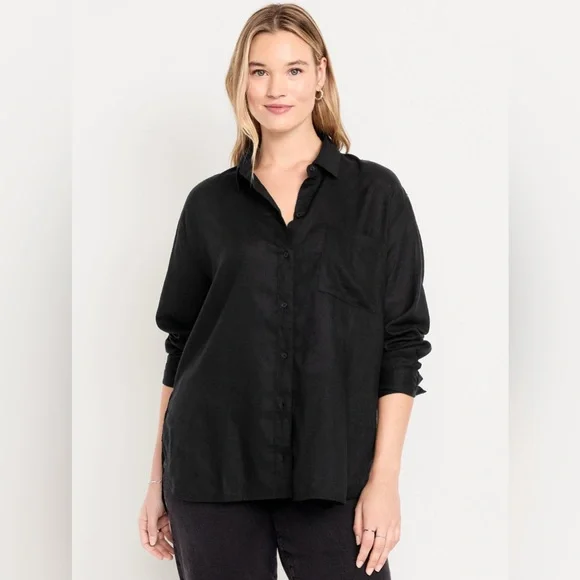 🆕 Old Navy Women's Linen-Blend Loose Button-Down Shirt Black Jack L 12-14 - Picture 5 of 13